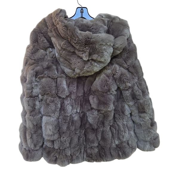 Gray Yves Salomon Rex rabbit balloon sleeve fur coat Size 36 - Picture 3 of 5